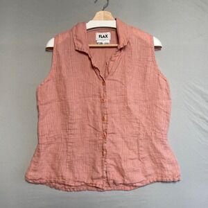 Flax Linen Sleeveless Button Front Shirt Light Coral‎ Pink Womens Medium